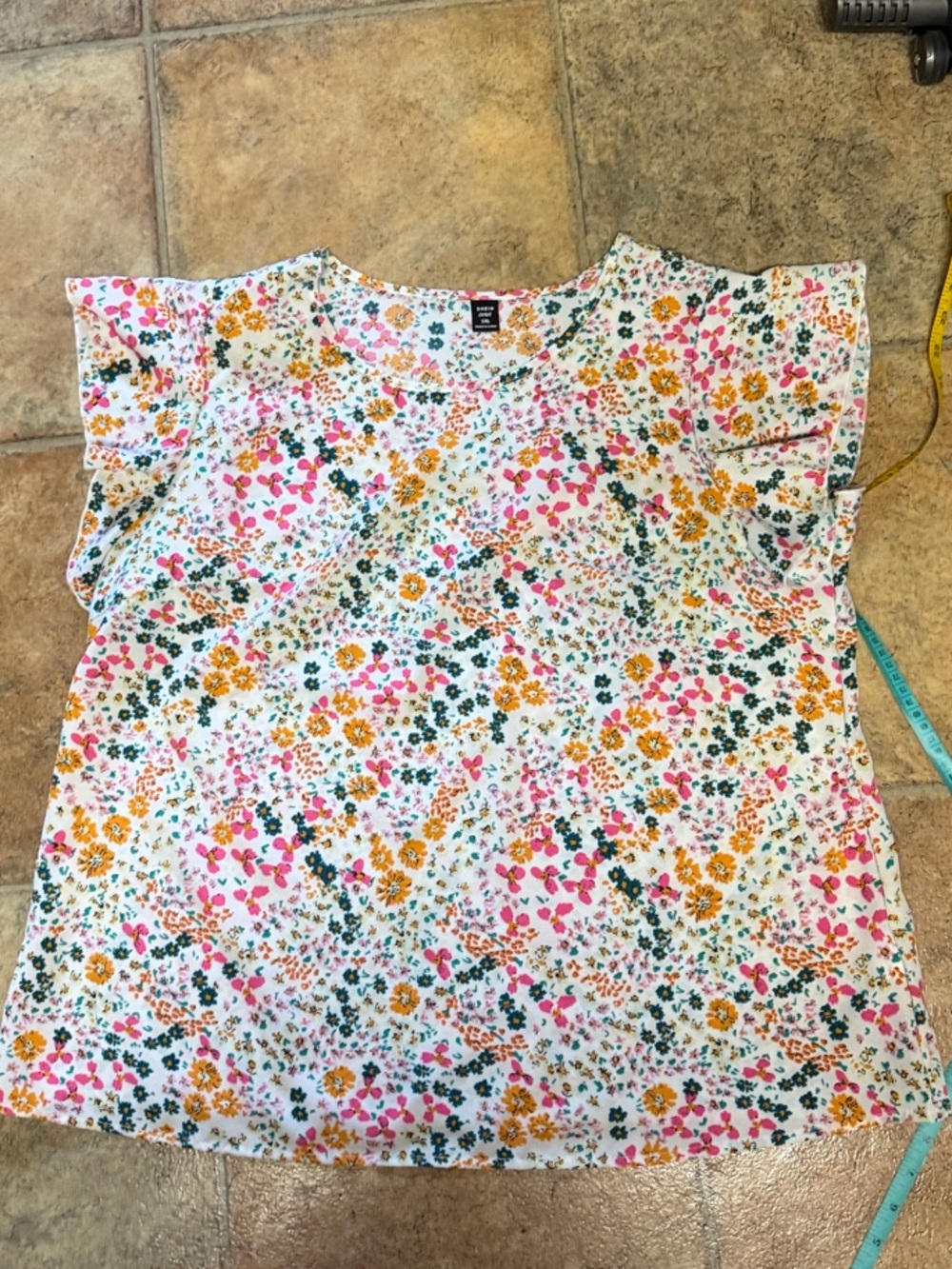 SHEIN White Floral Short Sleeve Tee with Pink & Yellow Flowers